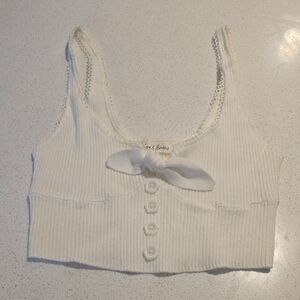 For Love And Lemons Ivory Ribbed Crop Top with Bow and Button Accents